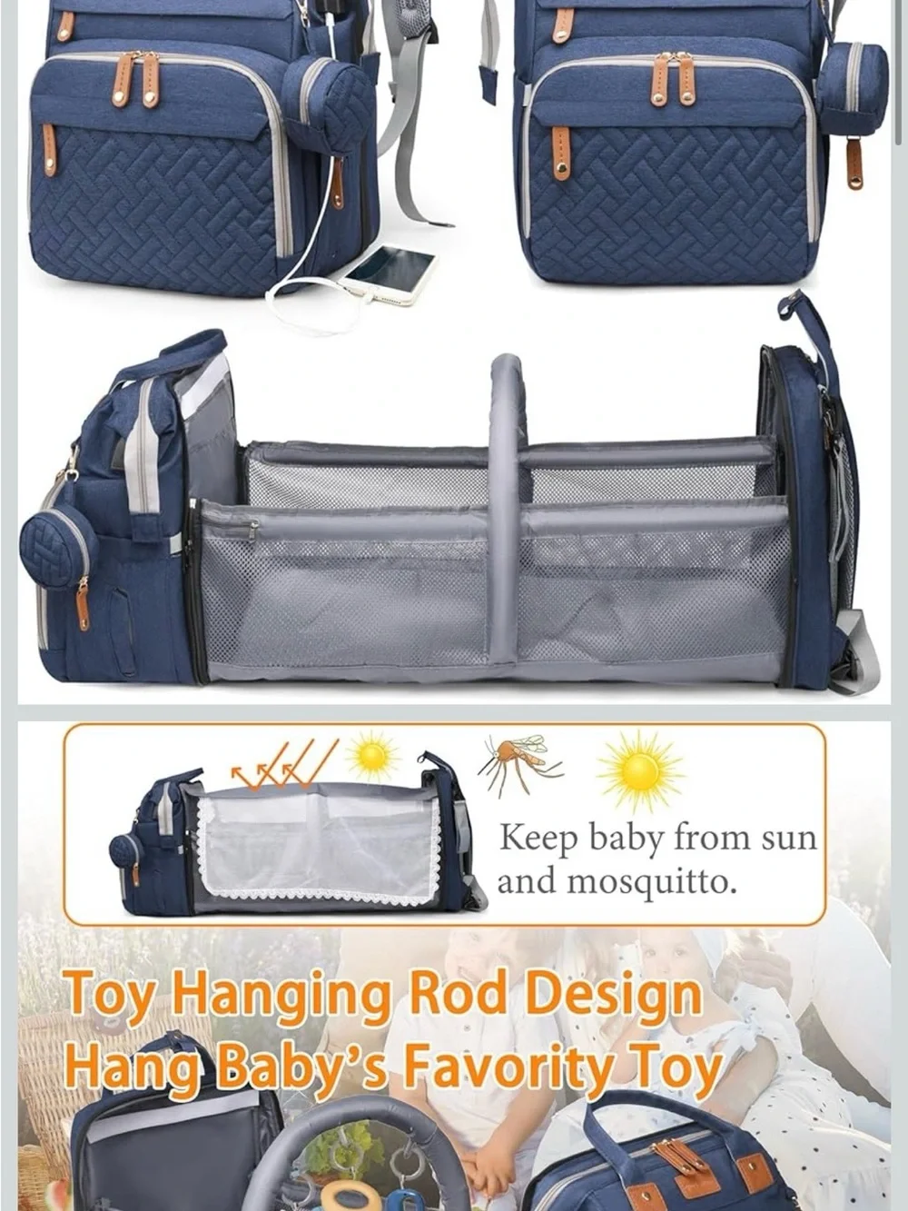 Quilted Navy Diaper Backpack with Brown Trim